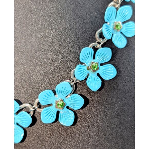 Nine Blue Metal Green Crystal Flowers on Silver Tone Chain 18"-21" Necklace - Picture 4 of 7